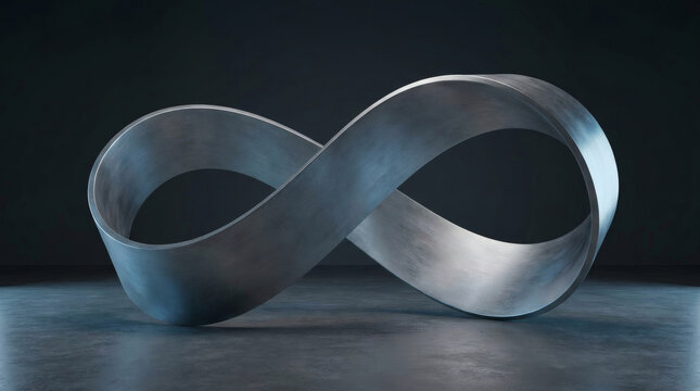 Metallic mobius strip infinity symbol isolated on dark background for