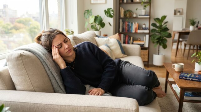 Woman suffering from headache lying on sofa at home 1.