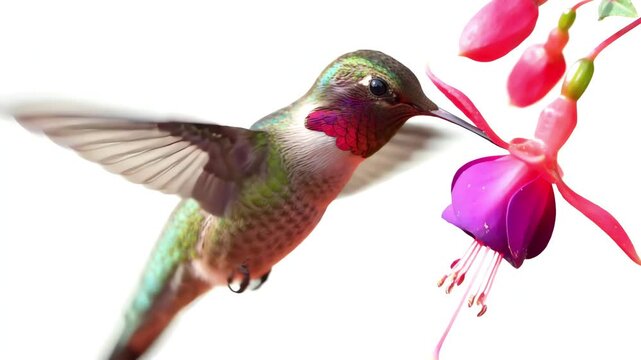Graceful hummingbird hovering and feeding in mid-air against a transparent background with rapid wing motion and vibrant feathers