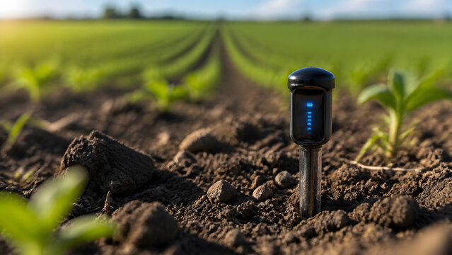 Closeup of smart soil sensor stuck in farm soil with young green seedling and crop row