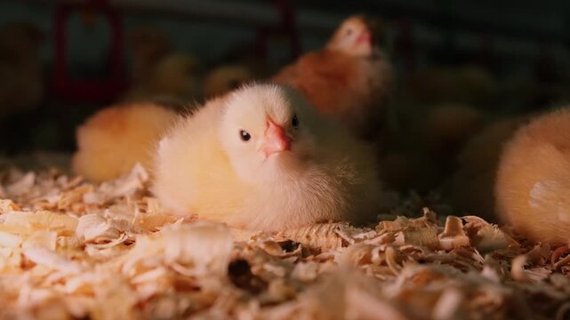 Cute fluffy baby chicken resting on wood shavings in warm brooding coop agricultural farm video
