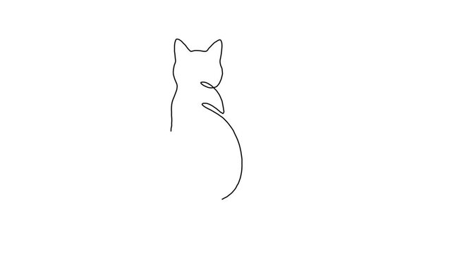 Continuous line art animation of a sitting cat seen from behind minimalist vector motion graphics.