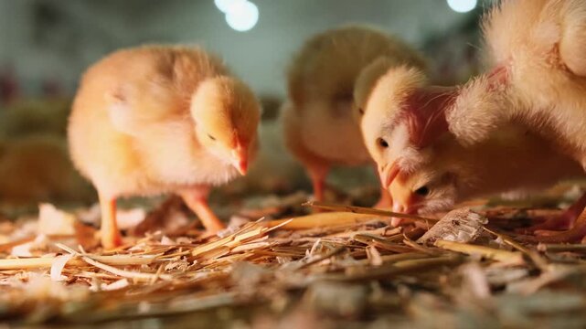 Fluffy yellow baby chicks forage in straw litter inside modern poultry farm indoor facility