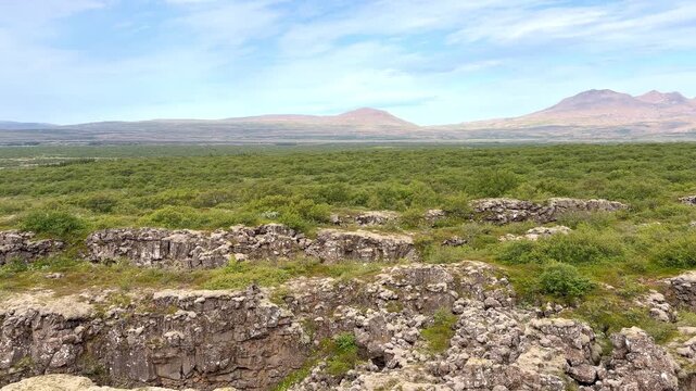 The rugged tectonic plates in the Thingvellir National Park in Iceland