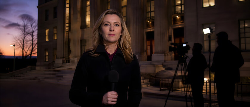 Female reporter holding microphone outside historic government building at dusk with camera crew and tripod behind her
