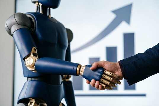 Mano rob&oacute;tica de cobalto y lat&oacute;n estrechando la mano de un hombre de negocios frente a gr&aacute;fico de crecimiento ascendente, alianza estrat&eacute;gica y colaboraci&oacute;n hombre-m&aacute;quina