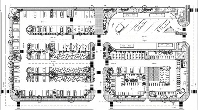Mixed Vehicle Parking Layout CAD Site Plan with Cars, Motorcycles, Bicycles, EV Charging, Buses and Accessible Parking