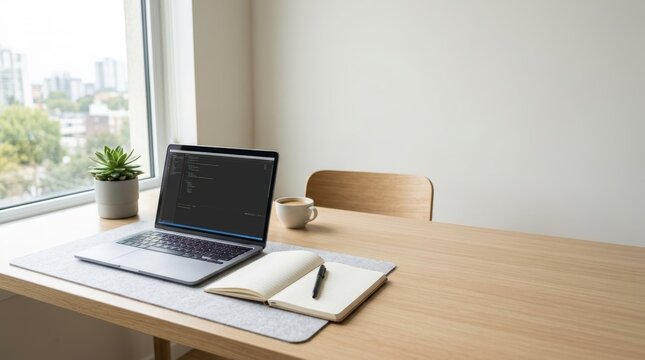 Modern workspace with laptop showing code on desk