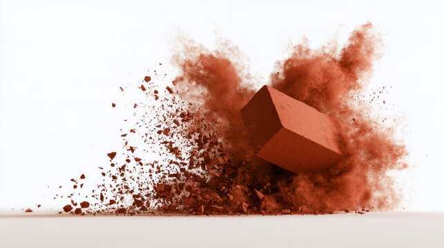 Exploding Red Brick Into Dust and Fragments on White Background