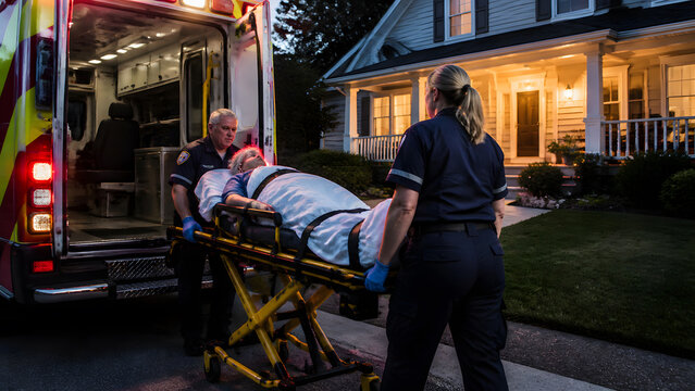 Two paramedics wheeling patient on stretcher from ambulance toward suburban house with warm porch lights at night