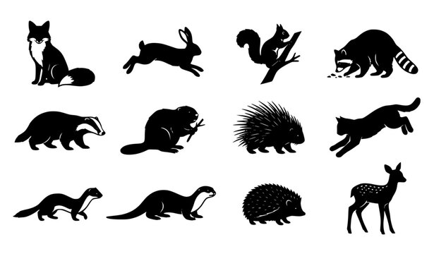 Woodland wildlife and small forest creatures silhouette vector icon set with running fox rabbit and squirrel black shapes