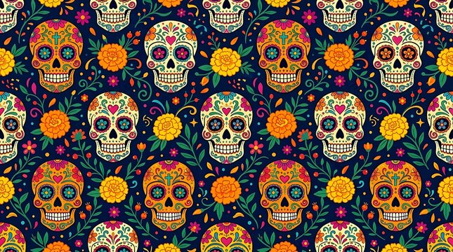 Seamless pattern background featuring colorful sugar skulls and marigold flowers
