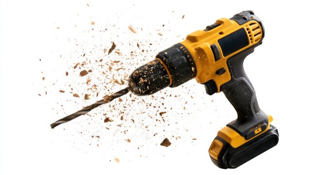 Yellow cordless power drill with flying wood shavings isolated on white background