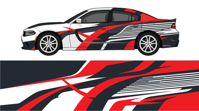 Car Wrap Design with Aggressive Racing Livery in Red Black and White