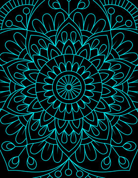 Intricate Floral Mandala Line Art Vector Pages Set for Adult Coloring Book and KDP Interior Bundle Cyan Line on Black