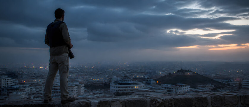 Male journalist wearing vest standing on stone wall overlooking city under dramatic stormy sky at dusk