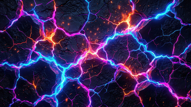 Glowing neon crack texture with blue and purple electric lightning lines on dark stone background