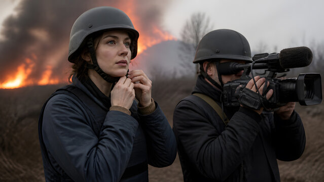 Female reporter fastening helmet strap beside cameraman holding video camera with wildfire burning in background