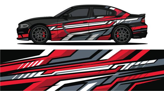 Car Wrap Design with Aggressive Racing Livery in Red Black and Gray Stripes