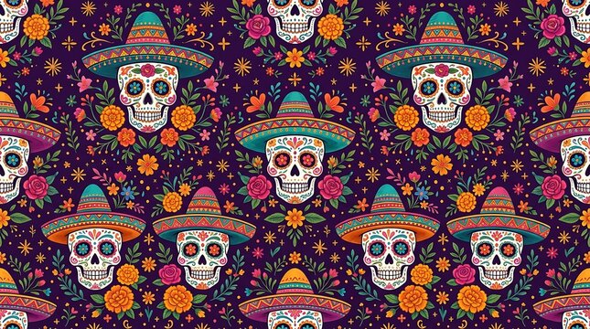 Seamless pattern with colorful sugar skulls wearing sombreros and marigold