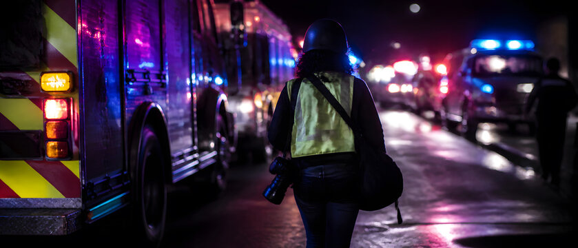 Journalist wearing safety vest and helmet walking toward emergency vehicle with flashing blue and red light