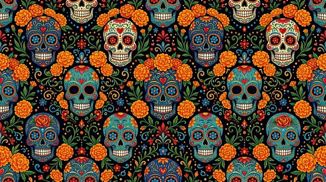 Intricate seamless pattern featuring floral sugar skulls and orange marigold