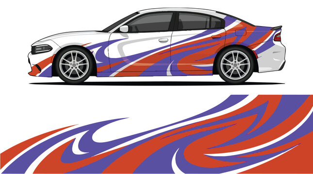Car Wrap Design with Dynamic Red and Blue Wave Decal