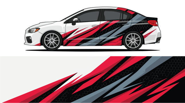 Car Wrap Design with Aggressive Hexagonal Racing Livery in Red Black and Gray