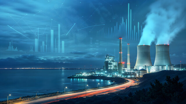 Power plant with cooling tower steam beside coastal road at blue twilight with glowing digital chart