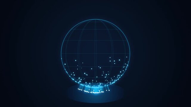 Digital globe with glowing particles data points connected motion background.