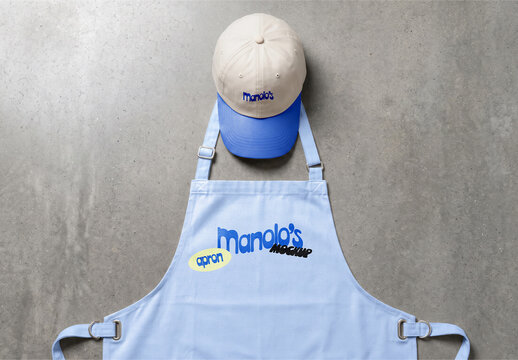 Apron and Baseball Cap Flat Lay on Concrete Mockup