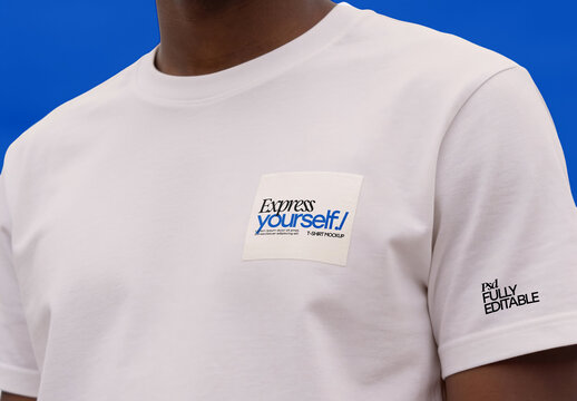 Man Wearing T-Shirt with Chest Patch Mockup