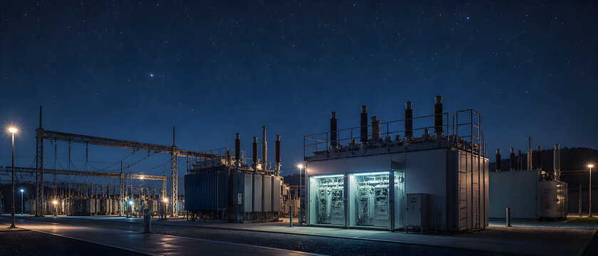 Electrical substation with transformer and switchgear building lit at night under starry blue sky in industrial area