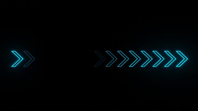 Neon cyan arrow chevrons glowing on one by one then fading to black in sequence on dark background