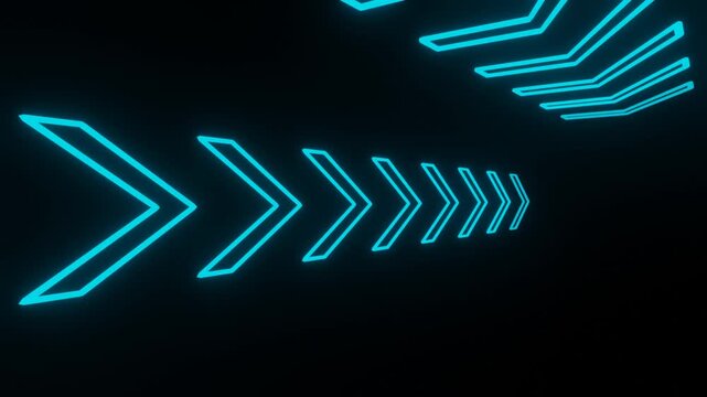 Neon cyan arrow chevrons lighting up one by one in a sequential glow animation on black background