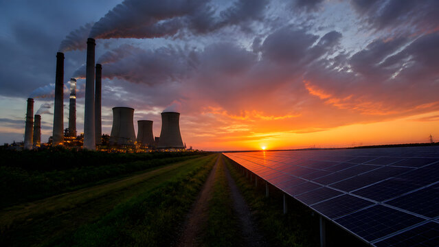 Solar panel field beside power plant smokestack and cooling tower under colorful sunset sky with dramatic cloud