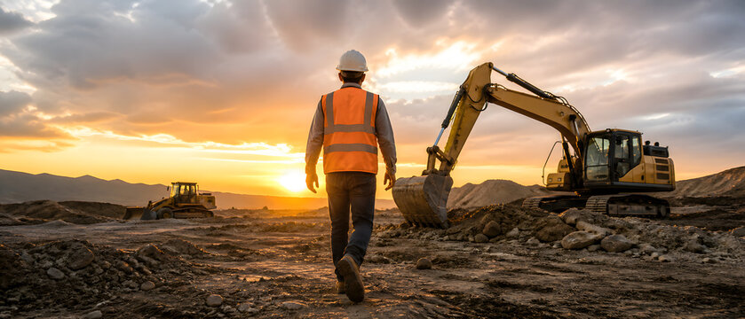 Construction worker in orange vest and helmet walking toward yellow excavator on dirt ground at golden sunset
