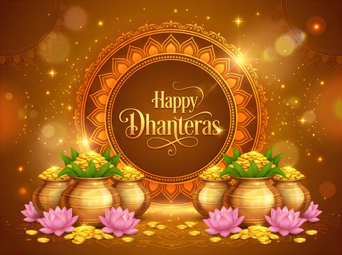Happy dhanteras greeting card with golden pots, coins, and lotus flowers, featuring a decorative mandala background and warm festive lighting for the indian festival