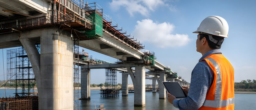 Engineer in orange vest and white helmet holding tablet while inspecting concrete bridge over river