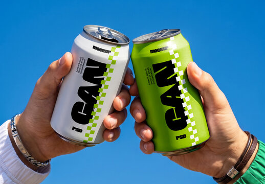 Hands Toasting Soda Cans Against Sky Mockup