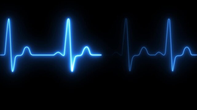 Blue Neon electrocardiogram line on black background with flatline heart rate pulse.ECG monitor beating heart with a neon electrocardiogram overlay, elements.Abstract neon heartbeat live screen .