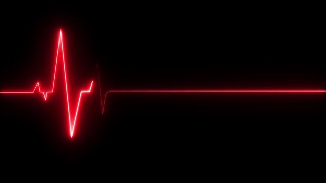 Red Neon electrocardiogram line on black background with flatline heart rate pulse.ECG monitor beating heart with a neon electrocardiogram overlay, elements.Abstract neon heartbeat live screen .
