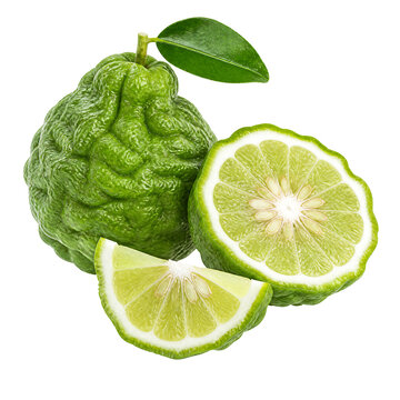 Fresh whole and sliced kaffir lime with green leaf isolated on transparent background for food design