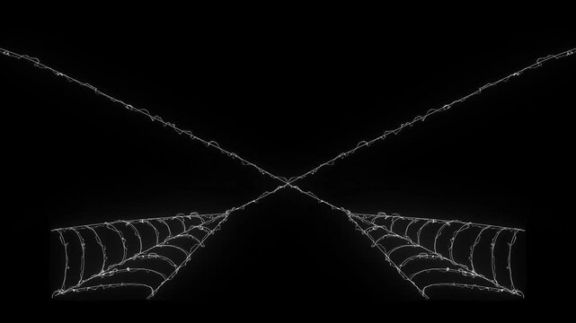Flexible white spider silk animation expanding dynamic lines, realistic cobweb structure forming and pulsing on black screen background, Halloween horror VFX overlay, 4k loop