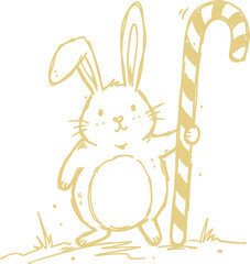 Fototapeta premium Cute hand drawn bunny holding striped candy cane single subject vector