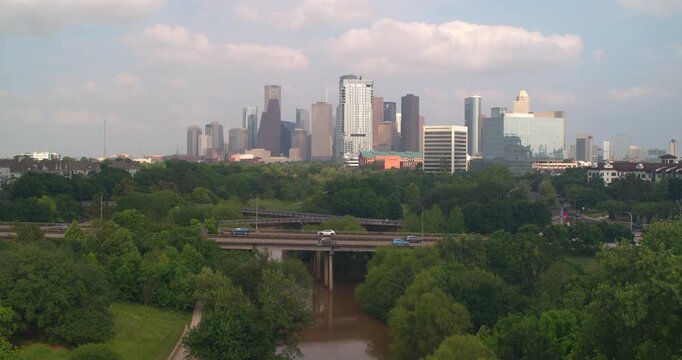 Establishing Aerial of Downtown Houston from the Banks of Buffalo Bayou