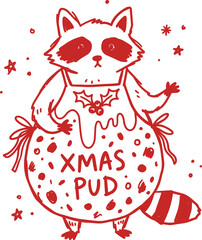 Fototapeta premium Hand drawn raccoon with xmas pud holiday apron