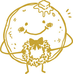 Fototapeta premium Hand drawn illustration smiling pancake character holding holiday wreath with butter topping