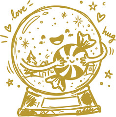 Fototapeta premium Smiling snow globe hugging round candy with love and hug text
