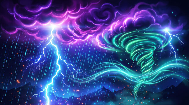 Neon glowing tornado and lightning storm with heavy rain isolated on transparent background